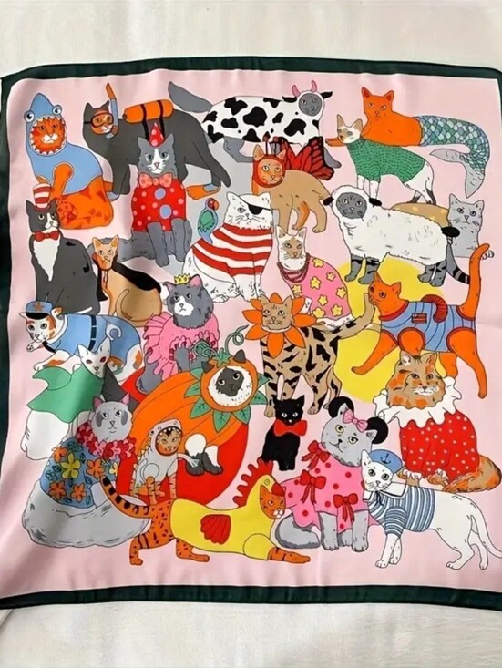 Accessories - Cute Cat Print Square Scarf - Pink & Multicolor